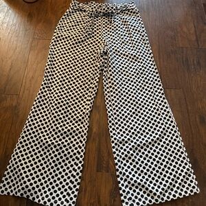 REWASH Linen Blend Wide Leg White Pants Navy Polka Dots Tie Waist Detail Medium